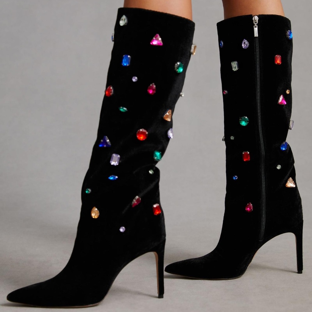 SCHUTZ Women's Maya Glam Boots SZ 9 Black Velvet Embellished Gem NWOB